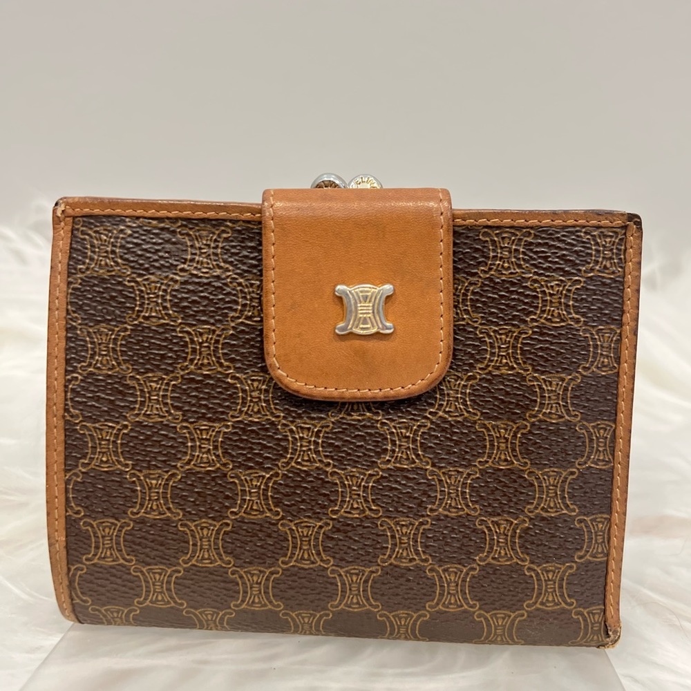 Celine Vintage Paris Kisslock Compact Leather & Canvas Wallet - Picture 1 of 9
